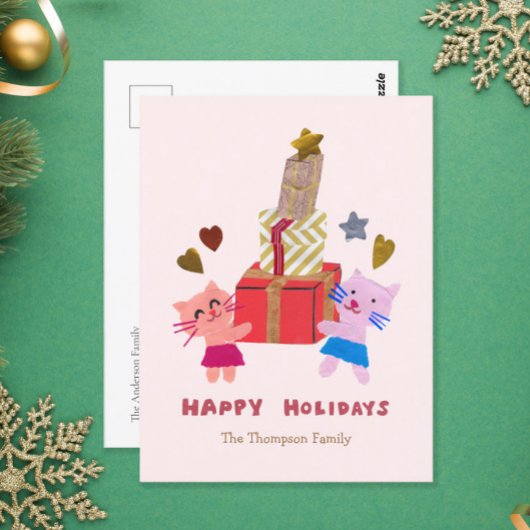 ハッピーホリデーかわいい猫とギフト柔らかいピンク シーズンポストカード