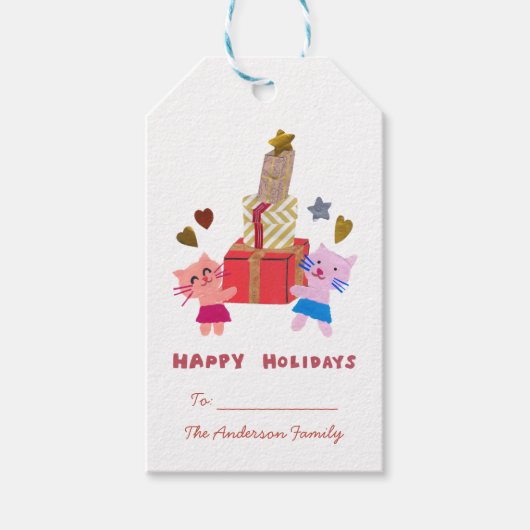 ハッピーホリデーかわいい猫とプレゼントホワイト ギフトタグ (正面)