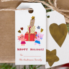 ハッピーホリデーかわいい猫とプレゼントホワイト ギフトタグ