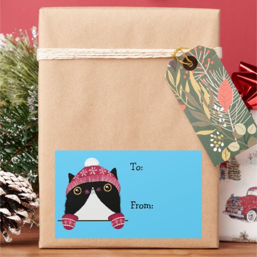 ハッピーホリデーかわいい猫のギフトラベル 長方形シール (クリスマス)