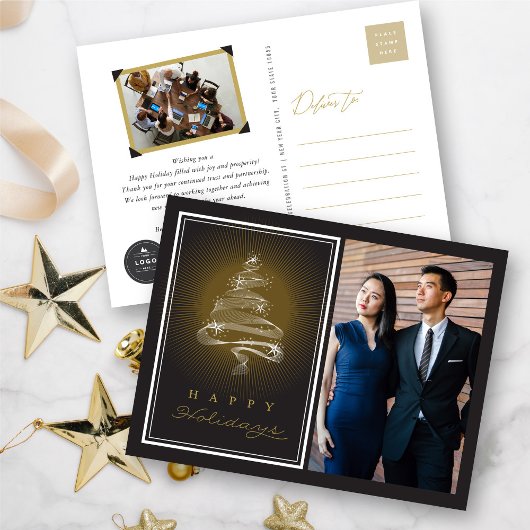 ハッピーホリデーきらめくクリスマスツリービジネス シーズンポストカード