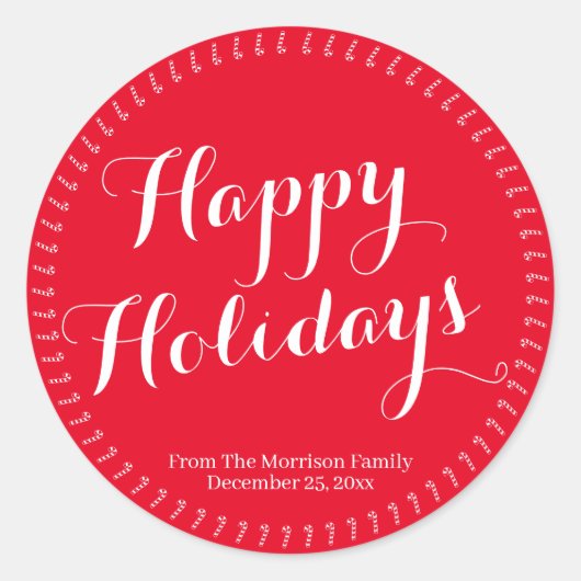 ハッピーホリデーのスクリプカスタムト赤い家族の名前 ラウンドシール (正面)