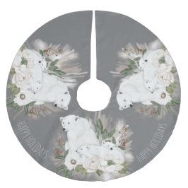 ハッピーホリデーエレガントズグレイ&ホワイトポーラーベア ブラッシュドポリエステルツリースカート