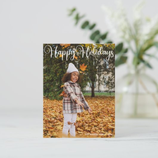 ハッピーホリデーエレガントズ白タイポグラフィ写真 ポストカード (スタンド正面)