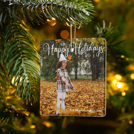 ハッピーホリデーエレガント両面ファミリーフォト セラミックオーナメント