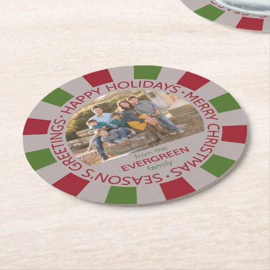 ハッピーホリデーカスタムズの写真と名前コースター ラウンドペーパーコースター (アングル)
