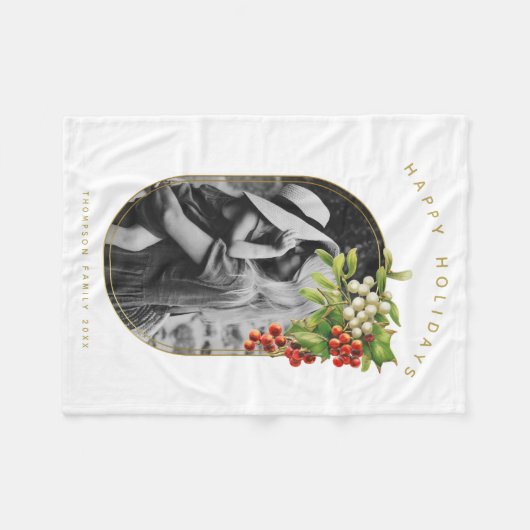 ハッピーホリデーカスタムフォトファミリークリスマス フリースブランケット (正面(横))