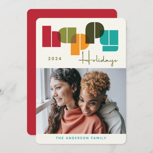 ハッピーホリデーカラフルはっきりしたタイポグラフィ写真 シーズンカード (正面/裏面)