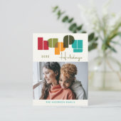 ハッピーホリデーカラフルはっきりしたタイポグラフィ写真 シーズンポストカード (スタンド正面)