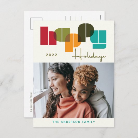 ハッピーホリデーカラフルはっきりしたタイポグラフィ写真 シーズンポストカード (正面/裏面)