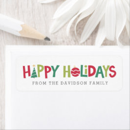 ハッピーホリデーカラフル図解入りの、写真付きのギフト ラベル