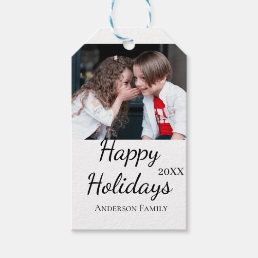 ハッピーホリデーキッズ家族の写真モダンギフト文字 ギフトタグ (正面)