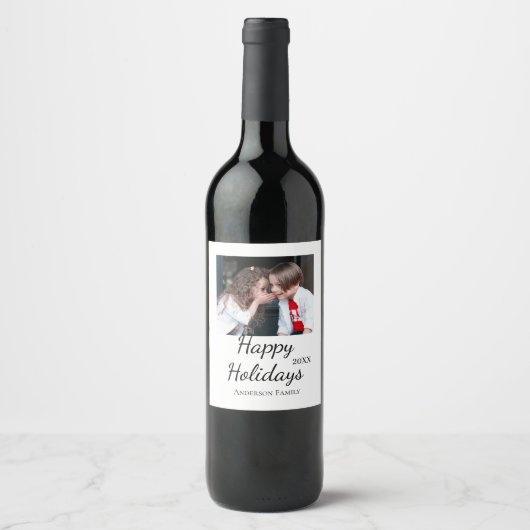 ハッピーホリデーキッズ家族の写真モダンギフト文字 ワインラベル (正面)