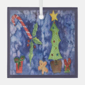 ハッピーホリデークラシッククリスマスのアイコン水色 ガラスオーナメント (正面)