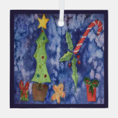 ハッピーホリデークラシッククリスマスのアイコン水色 ガラスオーナメント (裏面)