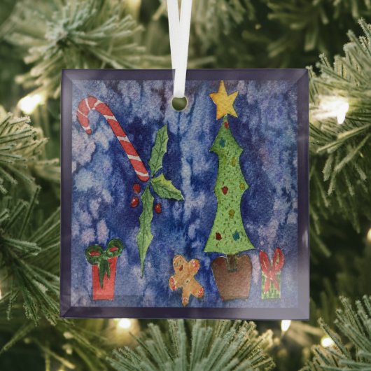 ハッピーホリデークラシッククリスマスのアイコン水色 ガラスオーナメント (インサイチュ)