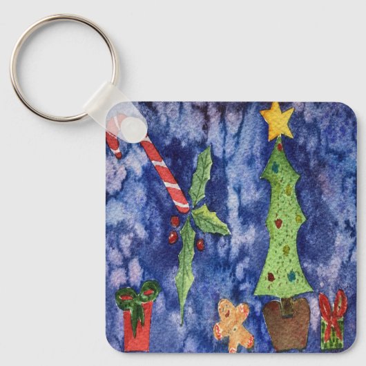 ハッピーホリデークラシッククリスマスのアイコン水色 キーホルダー (正面)