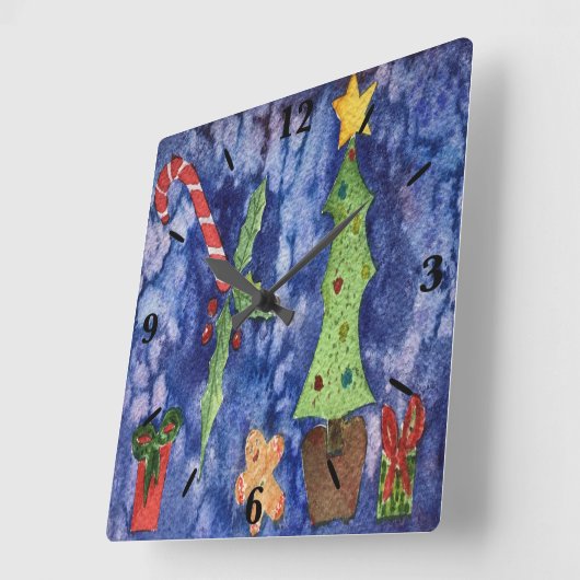 ハッピーホリデークラシッククリスマスのアイコン水色 スクエア壁時計 (傾斜)