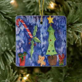 ハッピーホリデークラシッククリスマスのアイコン水色 セラミックオーナメント