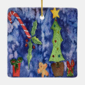 ハッピーホリデークラシッククリスマスのアイコン水色 セラミックオーナメント (裏面)