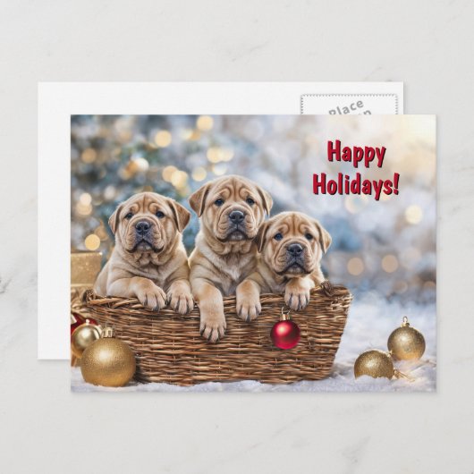 ハッピーホリデークリスマスかわいいシャール平パピードッグ シーズンポストカード (正面/裏面)