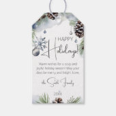 ハッピーホリデークリスマスの水色の雪の松 ギフトタグ (正面)