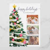 ハッピーホリデークリスマスツリーの水色3枚の写真 箔シーズンカード (正面)