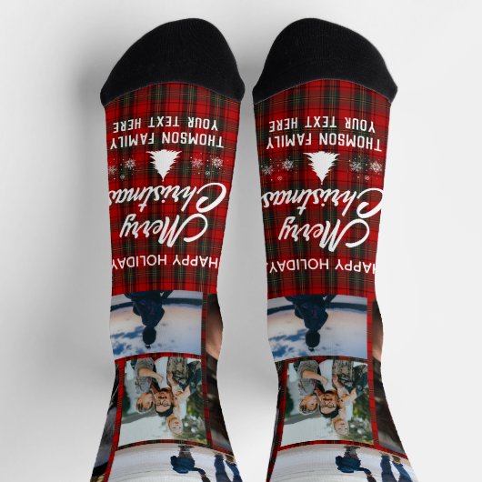 ハッピーホリデークリスマスフォトコラージュ名前をカスタムする ソックス (上部)