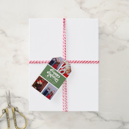 ハッピーホリデーシンプルおもしろいレトロタイポグラフィ写真 ギフトタグ (より糸付き)