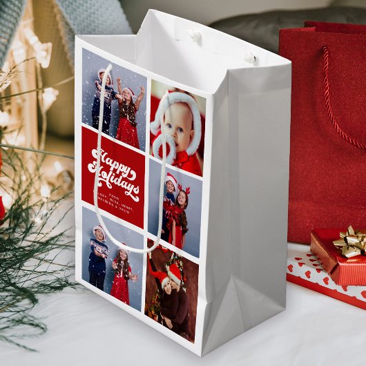 ハッピーホリデーシンプルおもしろいレトロタイポグラフィ写真 ミディアムペーパーバッグ