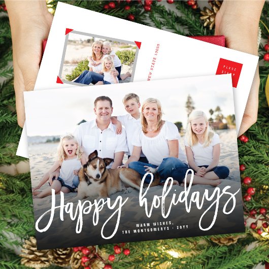 ハッピーホリデーシンプルズブラシスクリプトモダン写真 シーズンポストカード