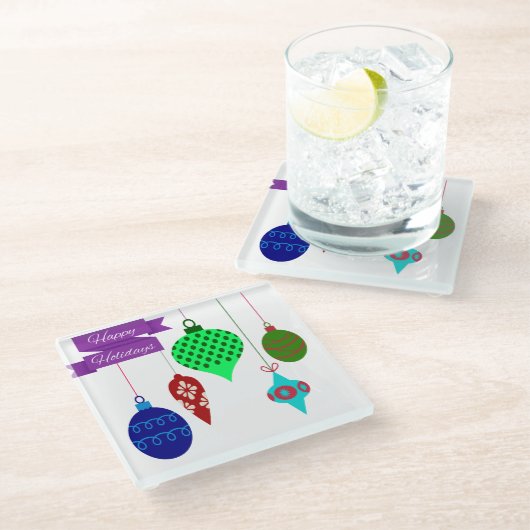 ハッピーホリデーズつるオーナメント紫バナー ガラスコースター (アングル)