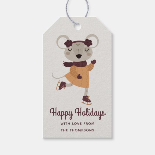 ハッピーホリデーズアイススケートで滑るパーソナライズされたマウス ギフトタグ (正面)