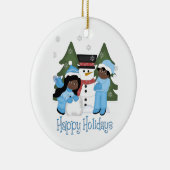 ハッピーホリデーズアフリカンアメリカンキッズと雪だるま セラミックオーナメント (右)