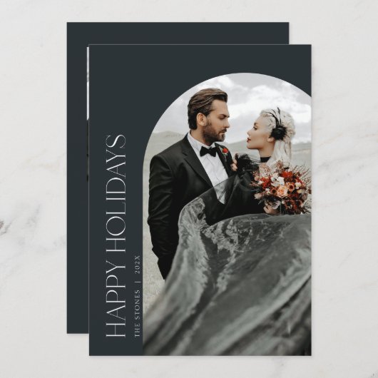 ハッピーホリデーズアーチフォトクリスマスカードブラック 招待状 (正面/裏面)