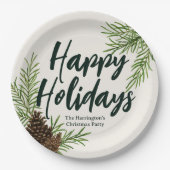 ハッピーホリデーズウィンターパイングリーンリーアイボリー ペーパープレート (正面)