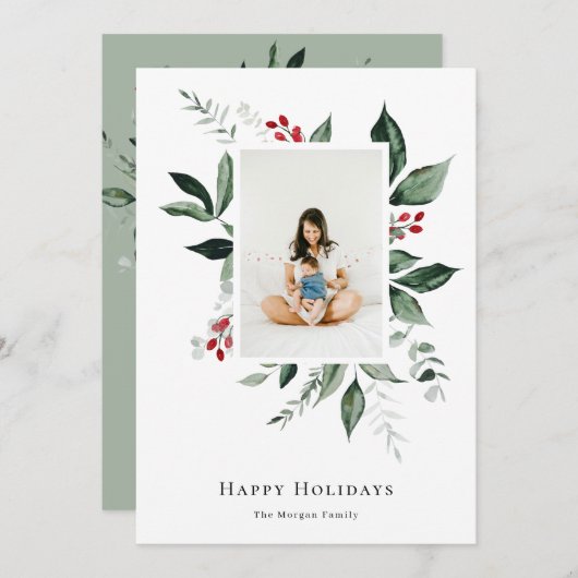 ハッピーホリデーズウィンターベリーボタニカルフォト シーズンカード (正面/裏面)