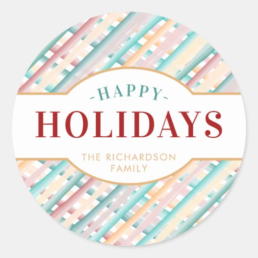 ハッピーホリデーズウォータカラーストライプクリスマス ラウンドシール (正面)
