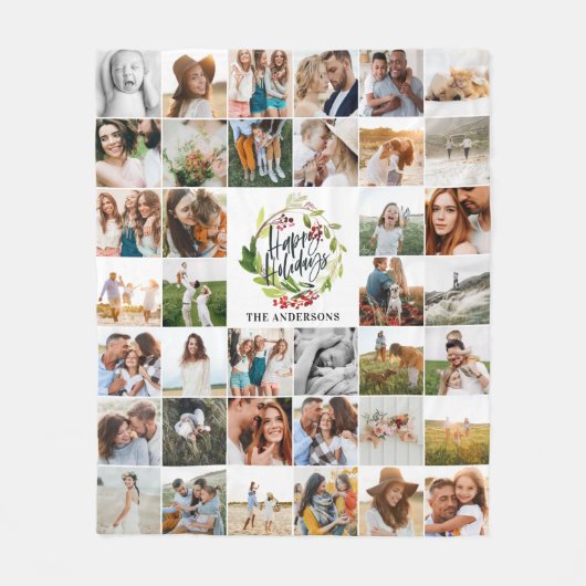 ハッピーホリデーズウォータカラーフローラホリデーファミリー フリースブランケット (正面)