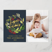 ハッピーホリデーズウォータカラーフローラ写真ネイビーブルー 箔シーズンカード (正面)