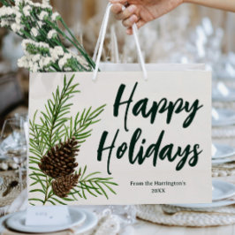 ハッピーホリデーズウォーターカラーウィンターパインアイボリー ラージペーパーバッグ