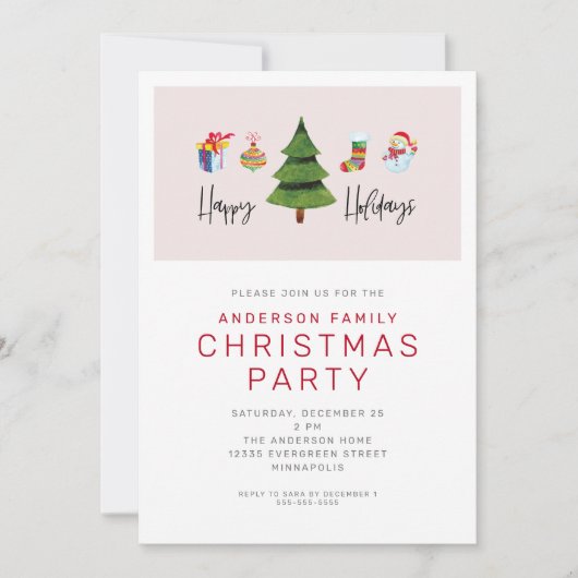 ハッピーホリデーズウォーターカラーキュートクリスマスパーティー 招待状 (正面)