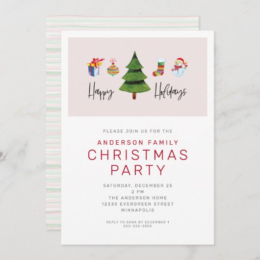 ハッピーホリデーズウォーターカラーキュートクリスマスパーティー 招待状 (正面/裏面)