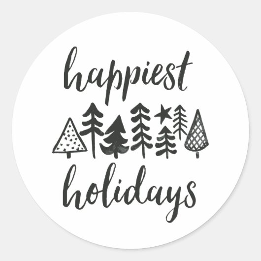 ハッピーホリデーズウォーターカラークリスマスツリーズラウンド ラウンドシール (正面)