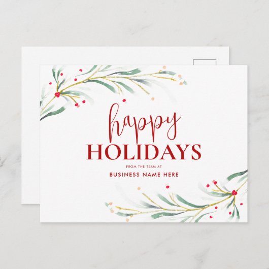 ハッピーホリデーズウォーターカラーグリーナリービジネス シーズンポストカード (正面/裏面)