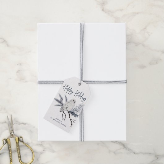 ハッピーホリデーズウォーターカラースノーウィーフクロウブルーギフトラベル ギフトタグ (より糸付き)