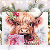 ハッピーホリデーズウォーターカラーハイランドカウクリスマス シーズンカード
