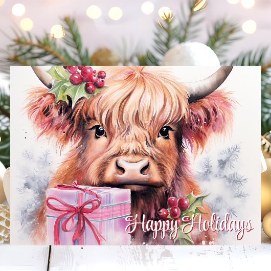 ハッピーホリデーズウォーターカラーハイランドカウクリスマス シーズンカード