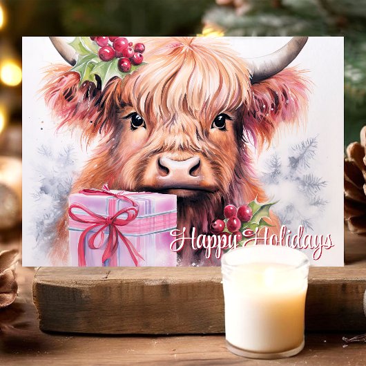 ハッピーホリデーズウォーターカラーハイランドカウクリスマス シーズンカード