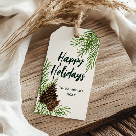 ハッピーホリデーズウォーターカラーパインアイボリークリスマス ギフトタグ